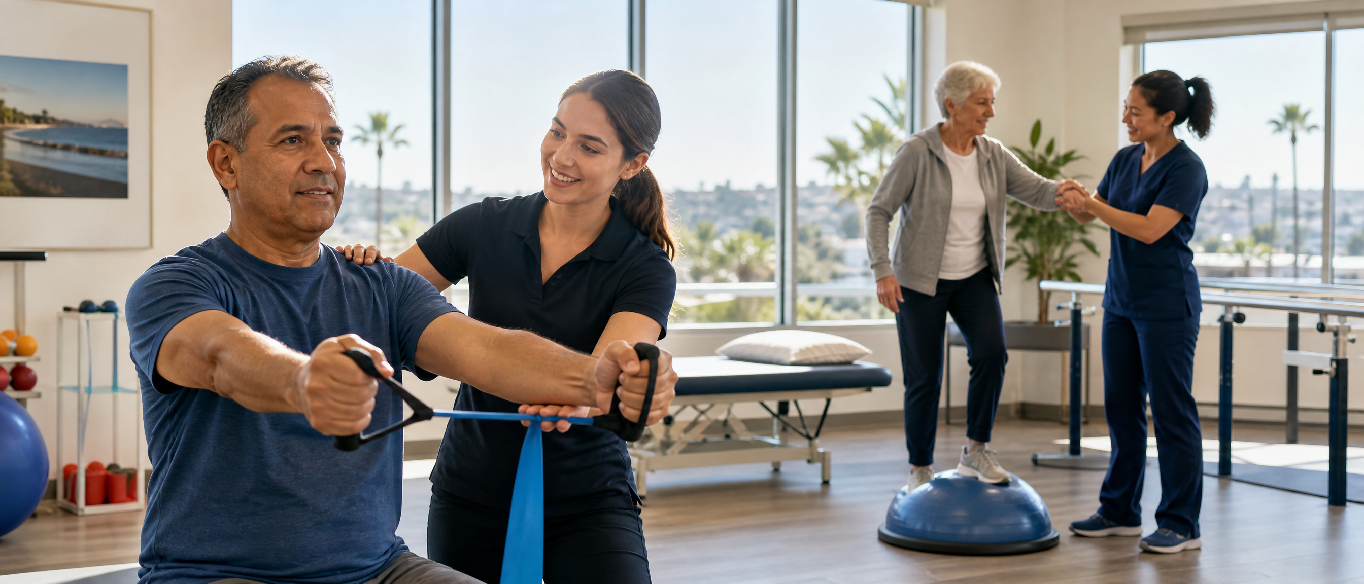 Therapists helping patients with rehabilitation exercises in a bright San Diego therapy clinic