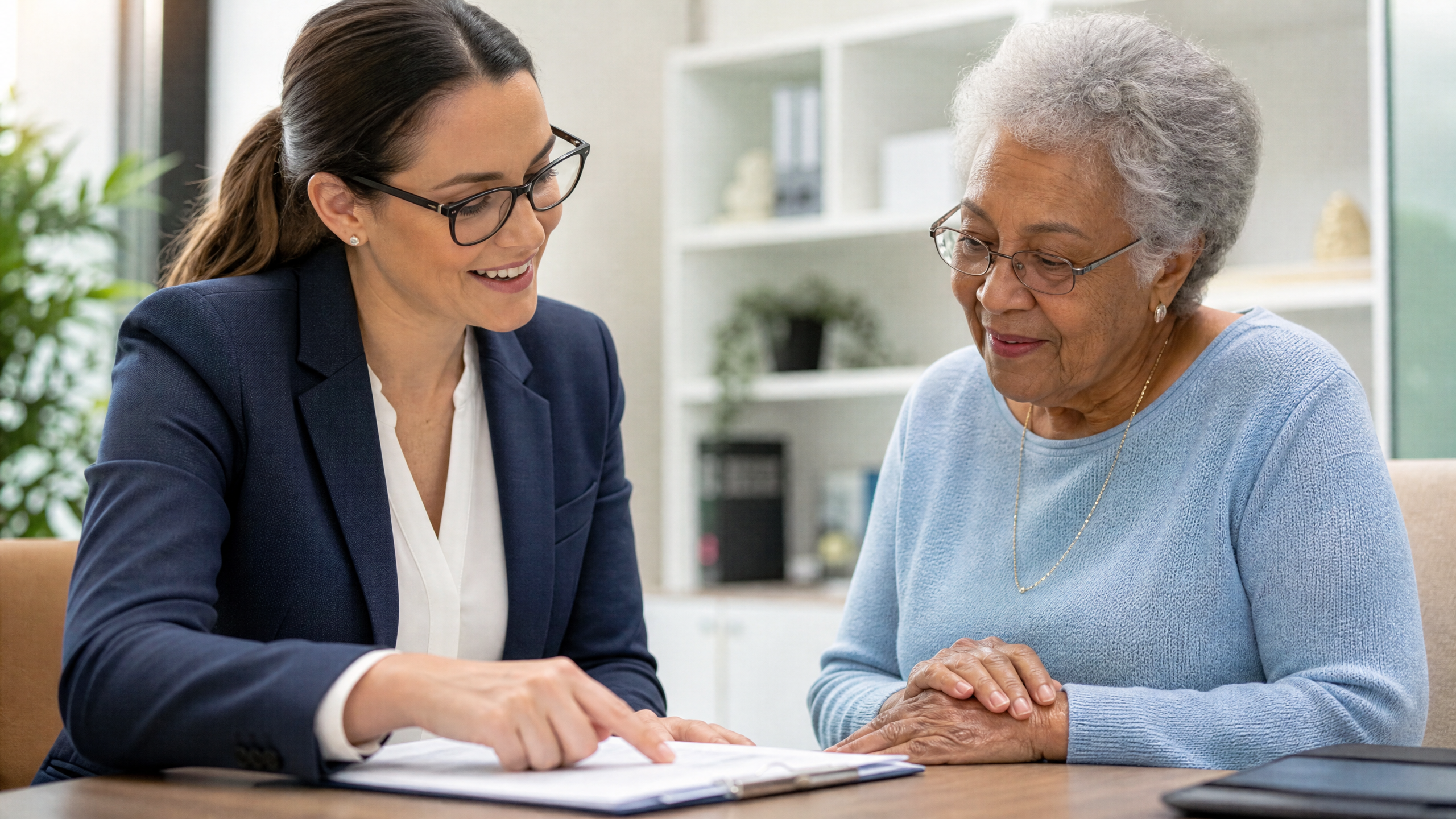 Healthcare professional explaining Medicare coverage options to a senior patient