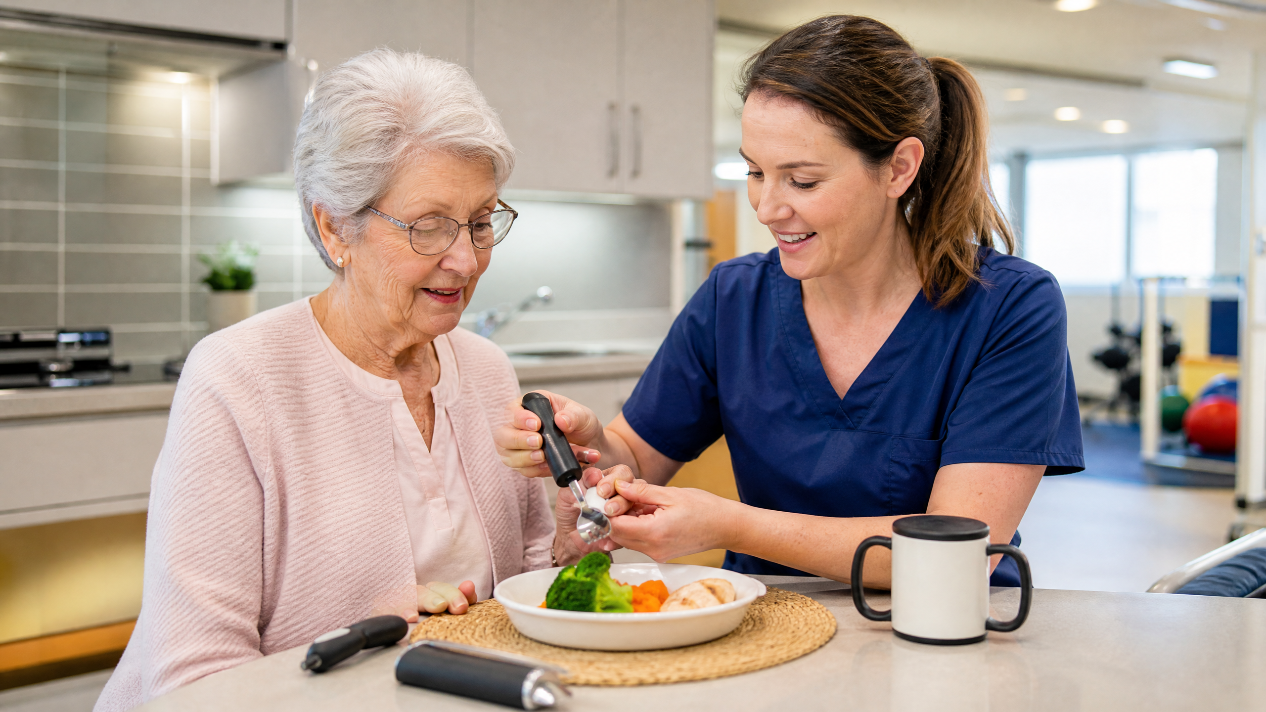 Occupational therapist helping a patient practice daily living skills