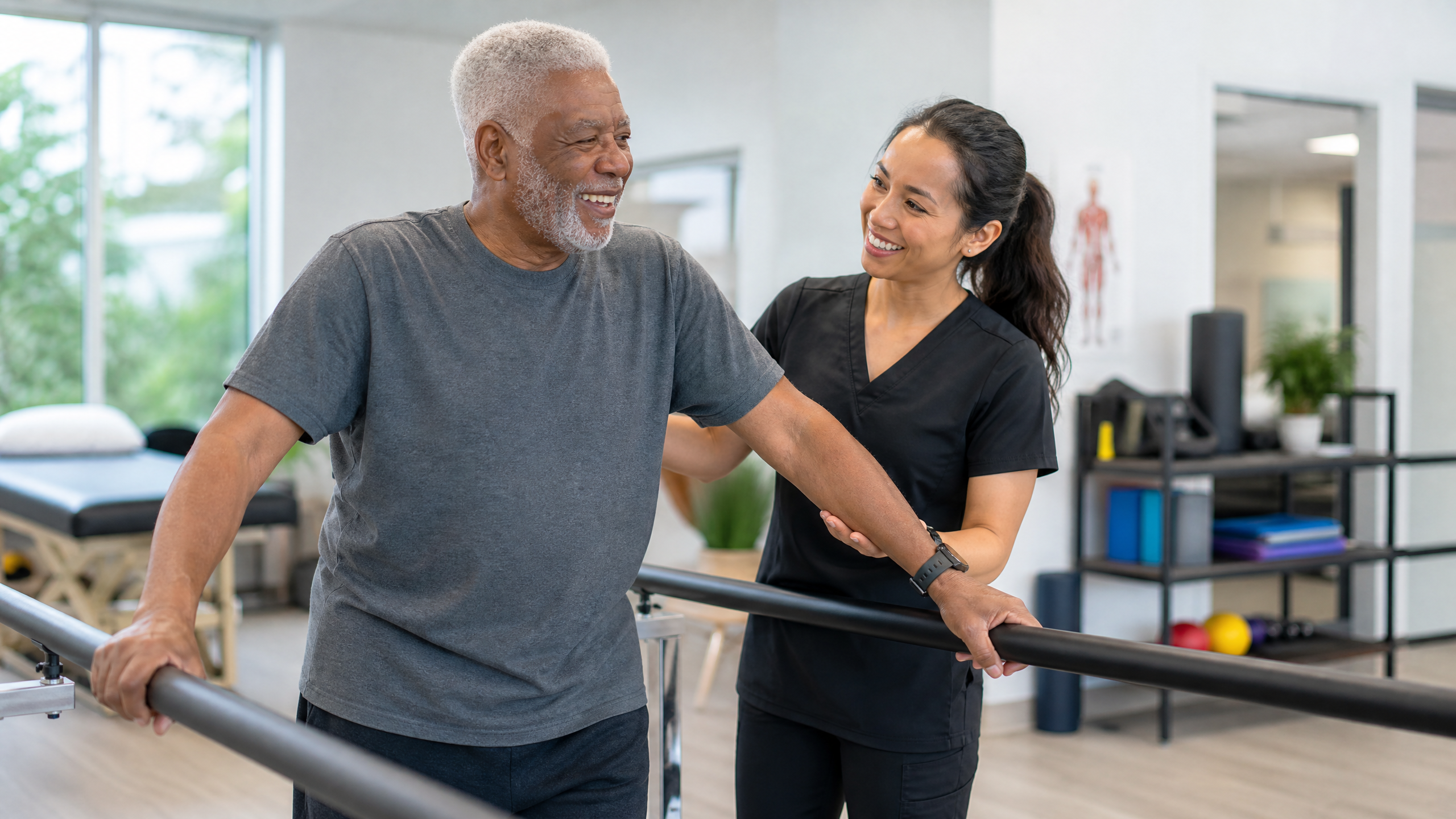 Physical therapist guiding a patient through balance exercises