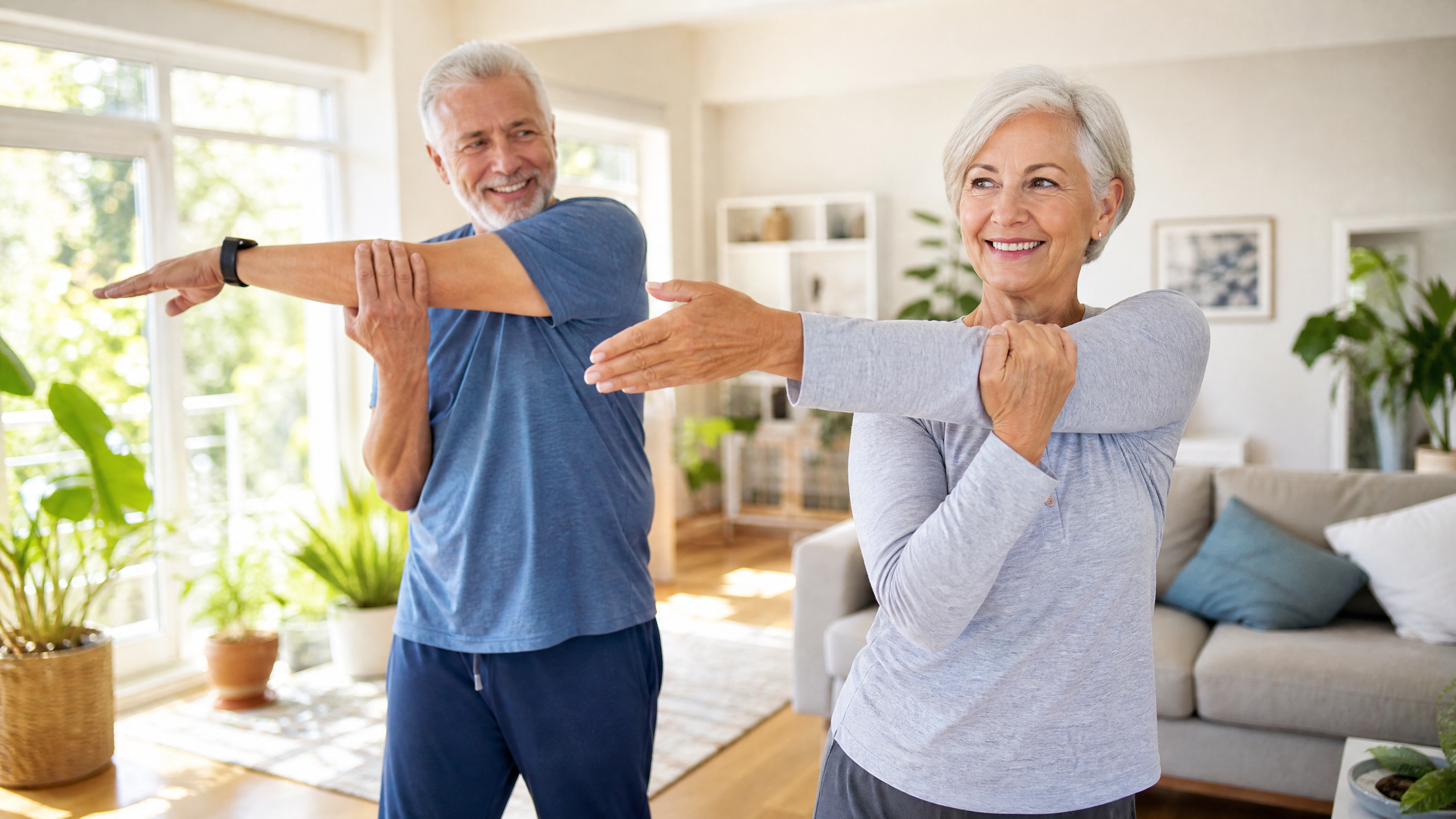 Senior couple enjoying an active lifestyle with stretching exercises outdoors