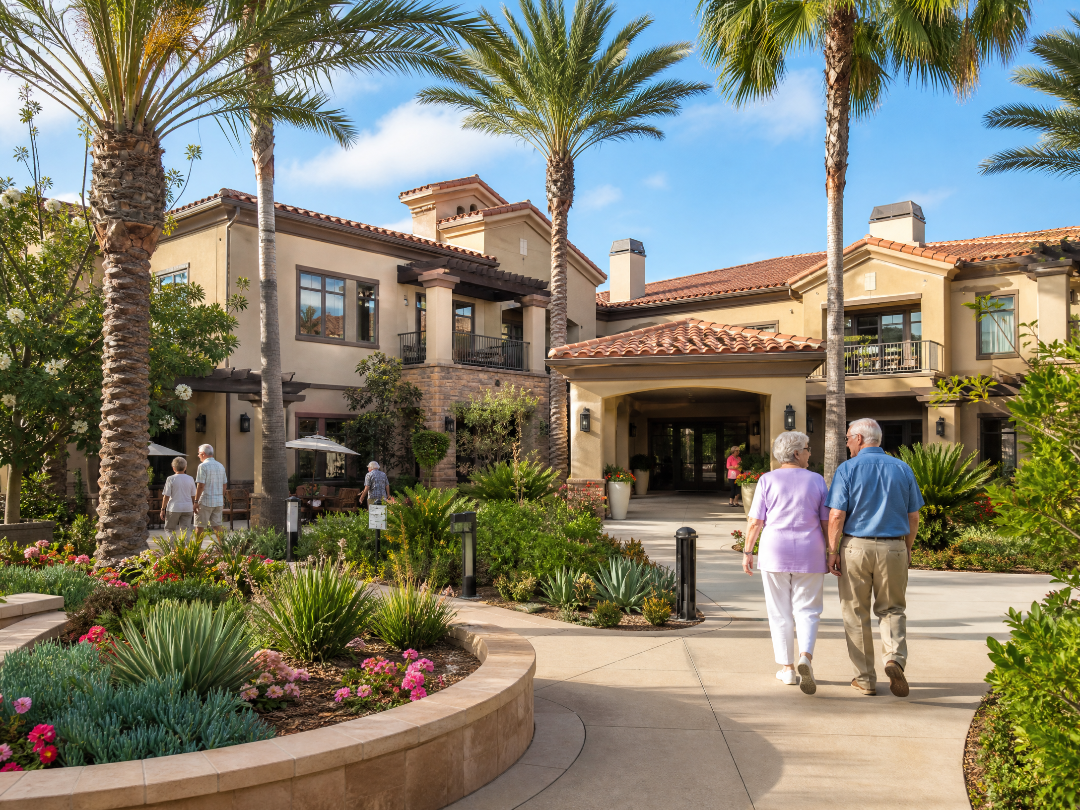 Beautiful senior living community in Southern California with palm trees and walkways