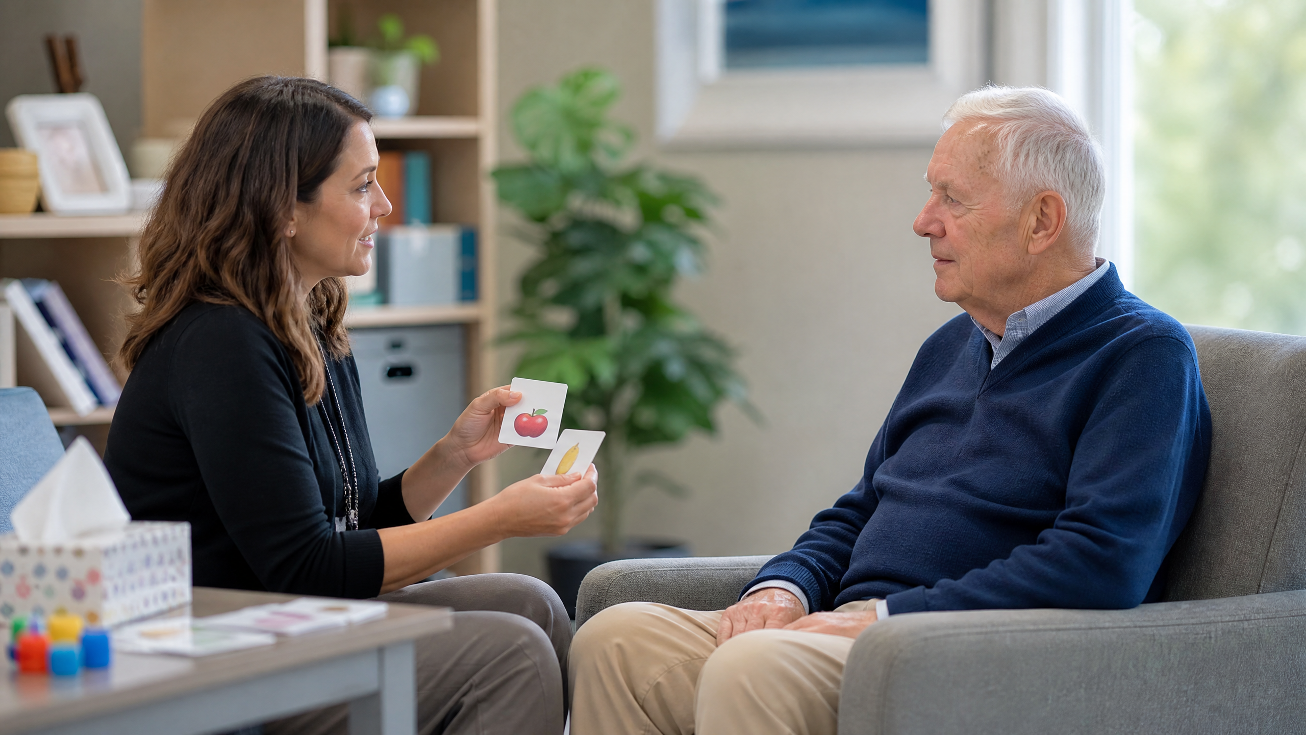 Speech therapist working one-on-one with a patient on communication skills